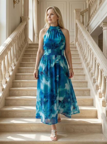 Sylin | Nabrana midi obleka s halter ovratnikom