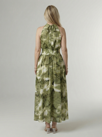 Sylin | Nabrana midi obleka s halter ovratnikom