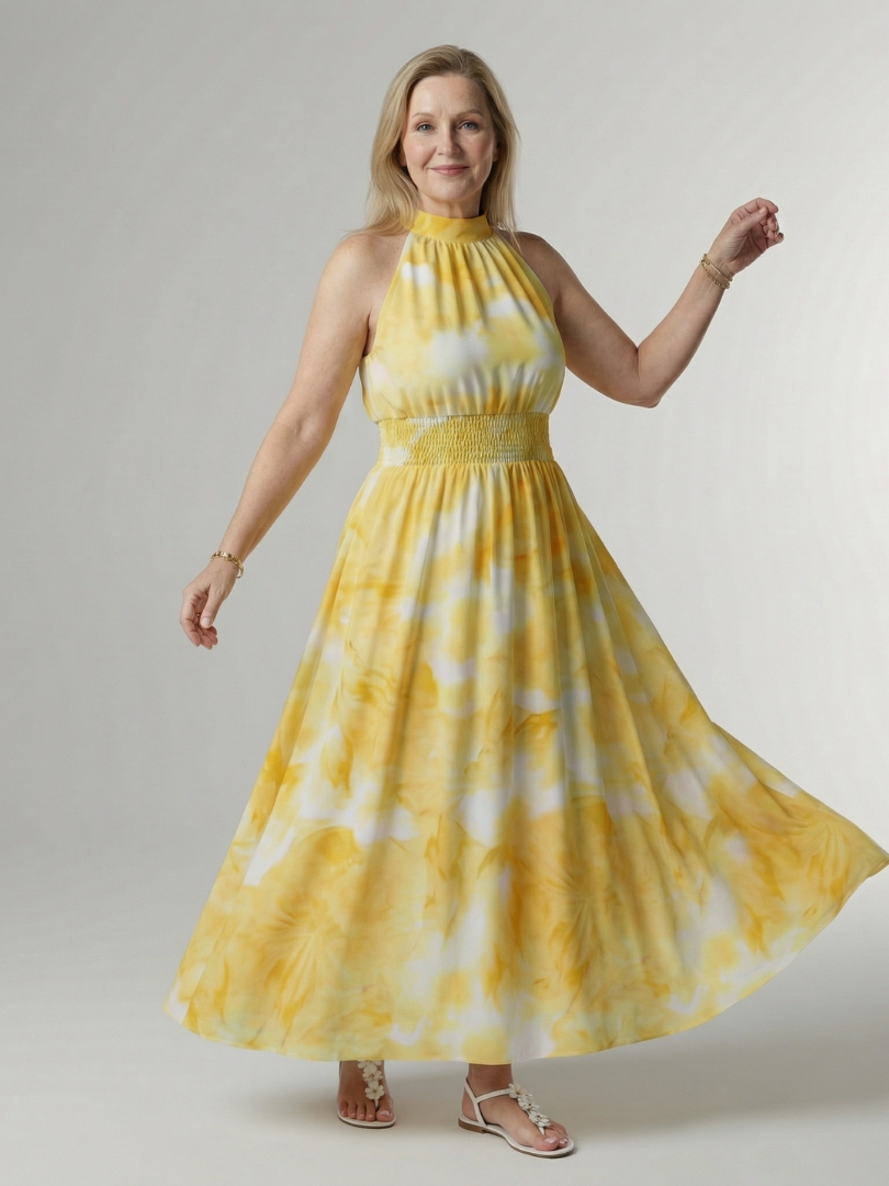 Sylin | Nabrana midi obleka s halter ovratnikom