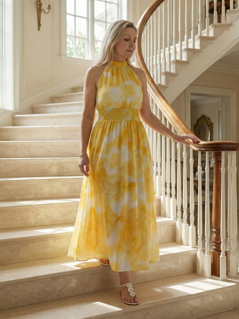 Sylin | Nabrana midi obleka s halter ovratnikom