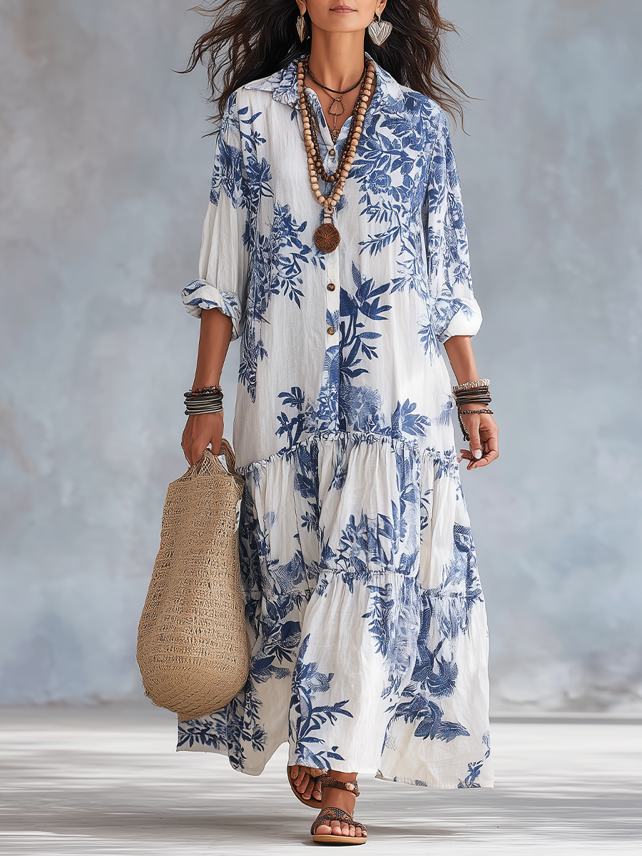 Faye | Modra cvetlična večplastna maksi obleka z ovratnikom