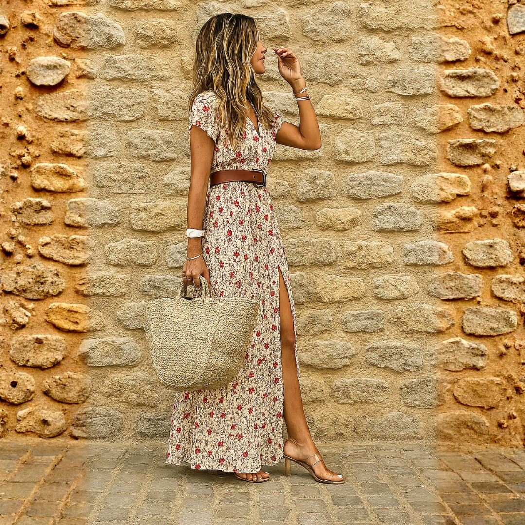 Joselin™ | Dolga boemska obleka s pasom