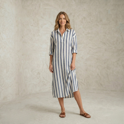 Sandra | Črtasta midi srajčna obleka z dolgimi rokavi