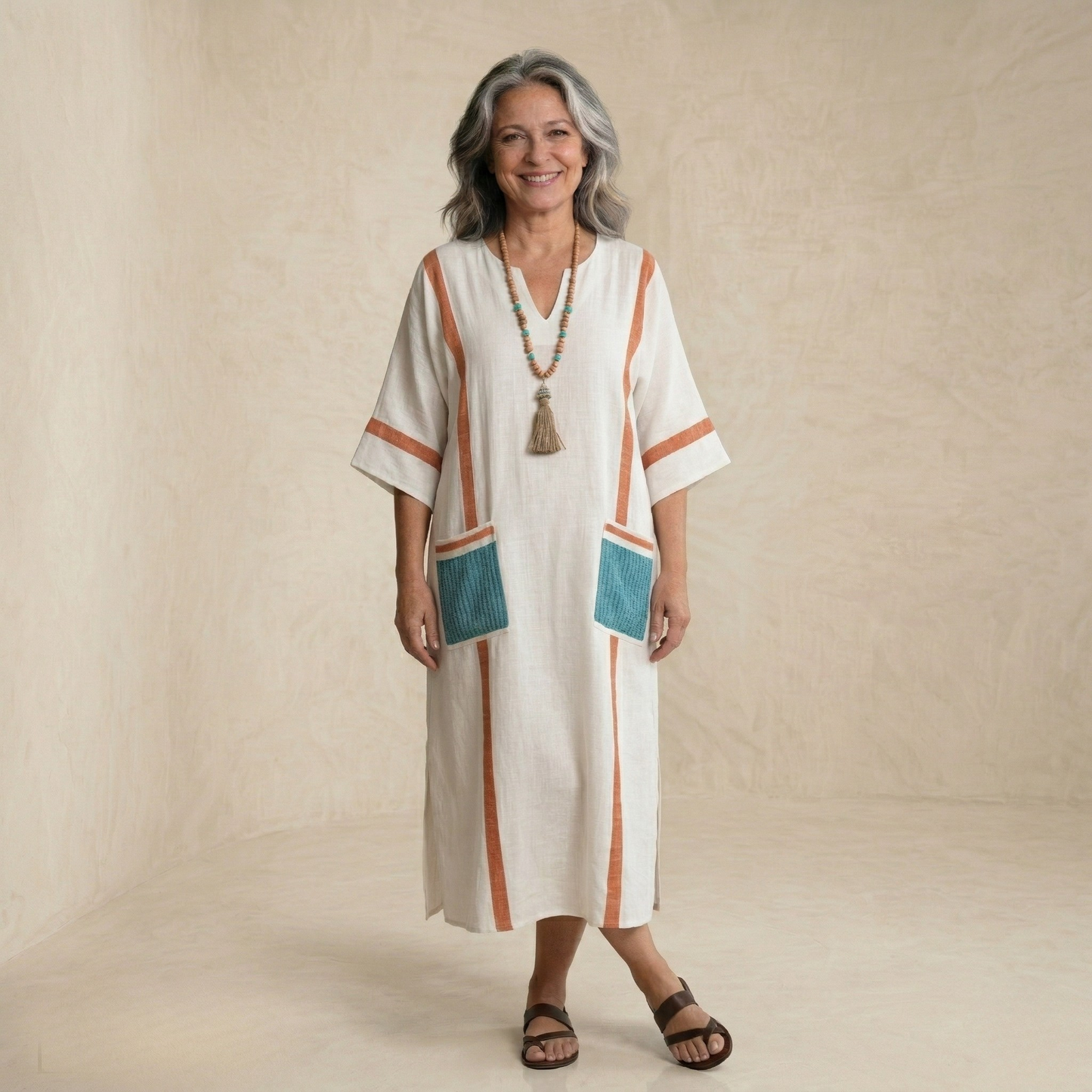 Sheila | Maksi obleka z V-izrezom, polovičnimi rokavi in žepi